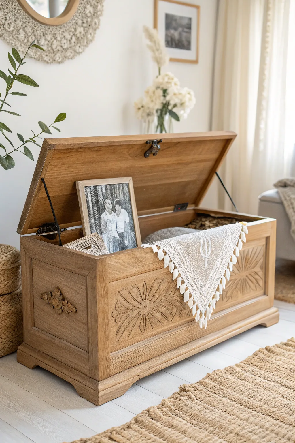 Preserve memories in a hope chest filled with family treasures, creating a timeless heirloom.