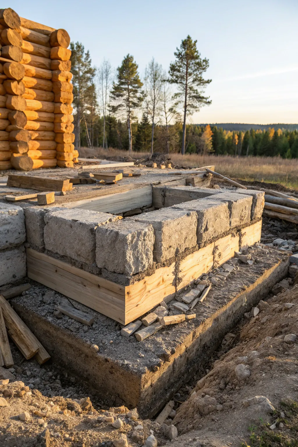 Crafting Sustainability: Building with Recycled Concrete for a Strong Log Cabin Foundation.
