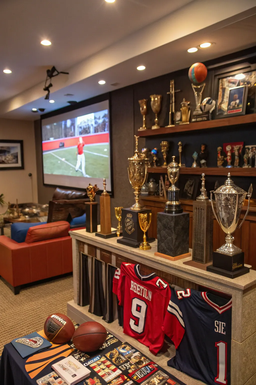 A themed display of sports trophies and memorabilia.