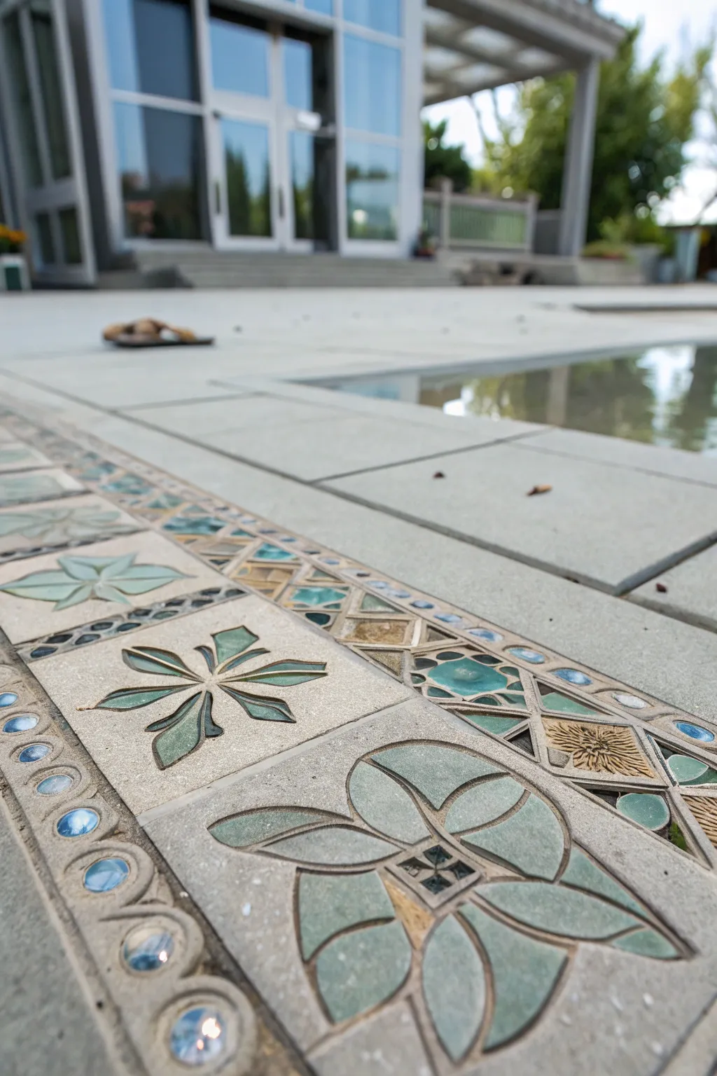 Elevate your space with the artistry of concrete floors featuring stunning glass inlays.