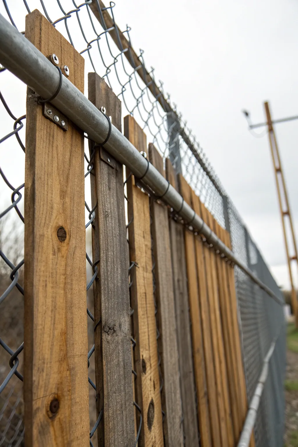 Elevate your space with rustic charm: Wooden planks transform a simple chain link fence.
