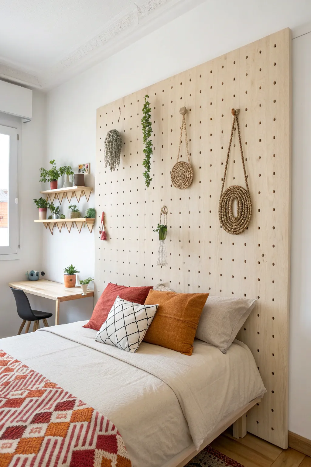 Transform your bedroom with a versatile pegboard headboard—where Scandinavian minimalism meets boho charm!