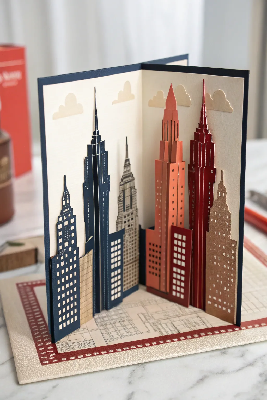 Celebrate your urban adventure with this stunning pop-up cityscape card, a testament to craftsmanship and minimalist beauty.
