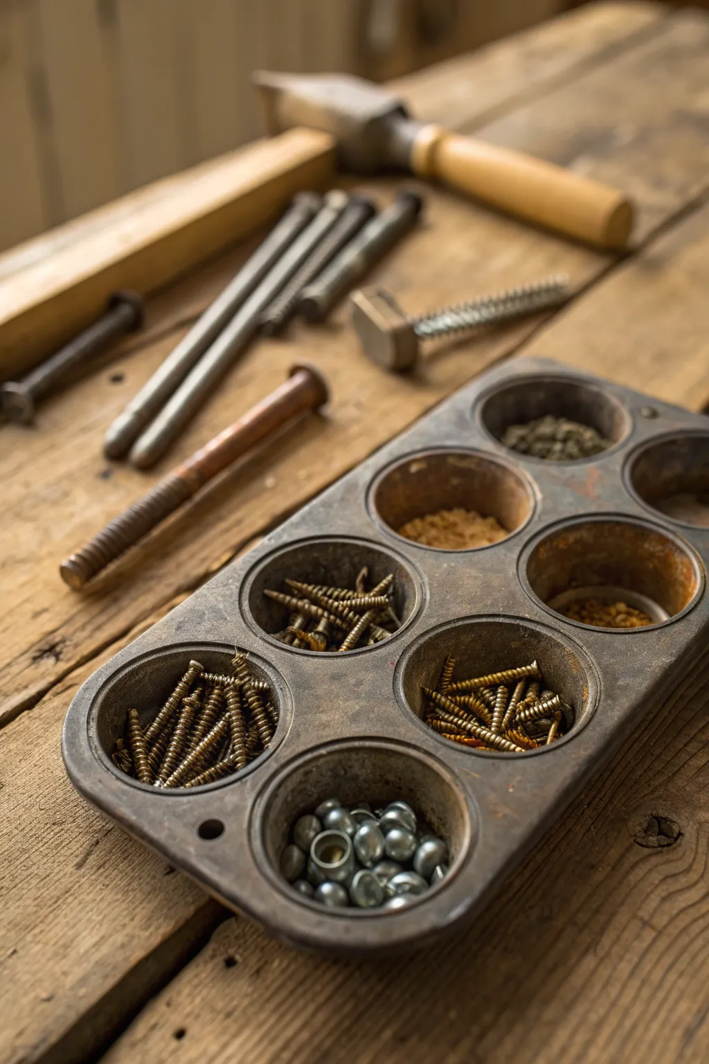 Repurpose with style: Use a vintage muffin tin to effortlessly organize your screws and nails.