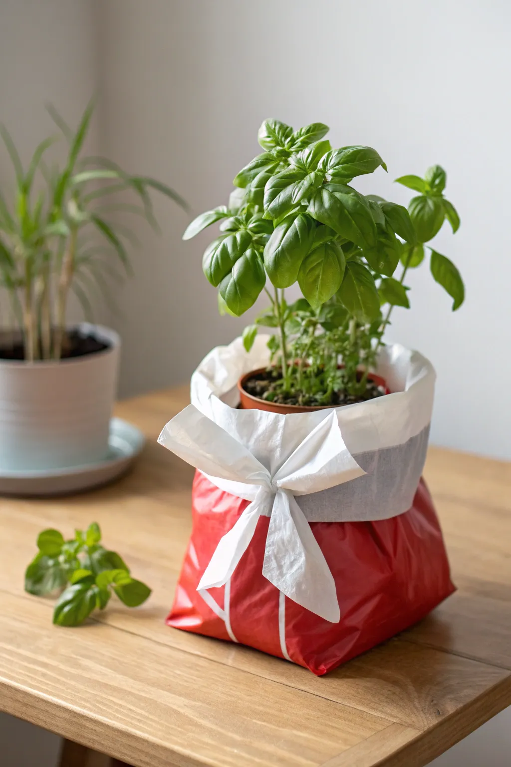 Protect your plants with style: A minimalist approach to repurposing plastic bags into chic waterproof plant covers.