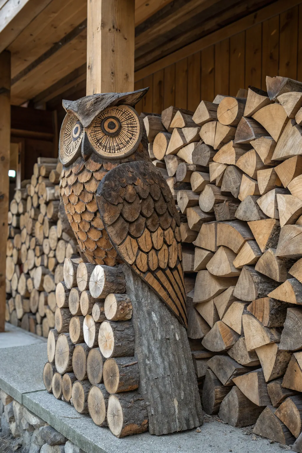 Master the art of stacking firewood with creative designs—turn your logs into a stunning owl sculpture.