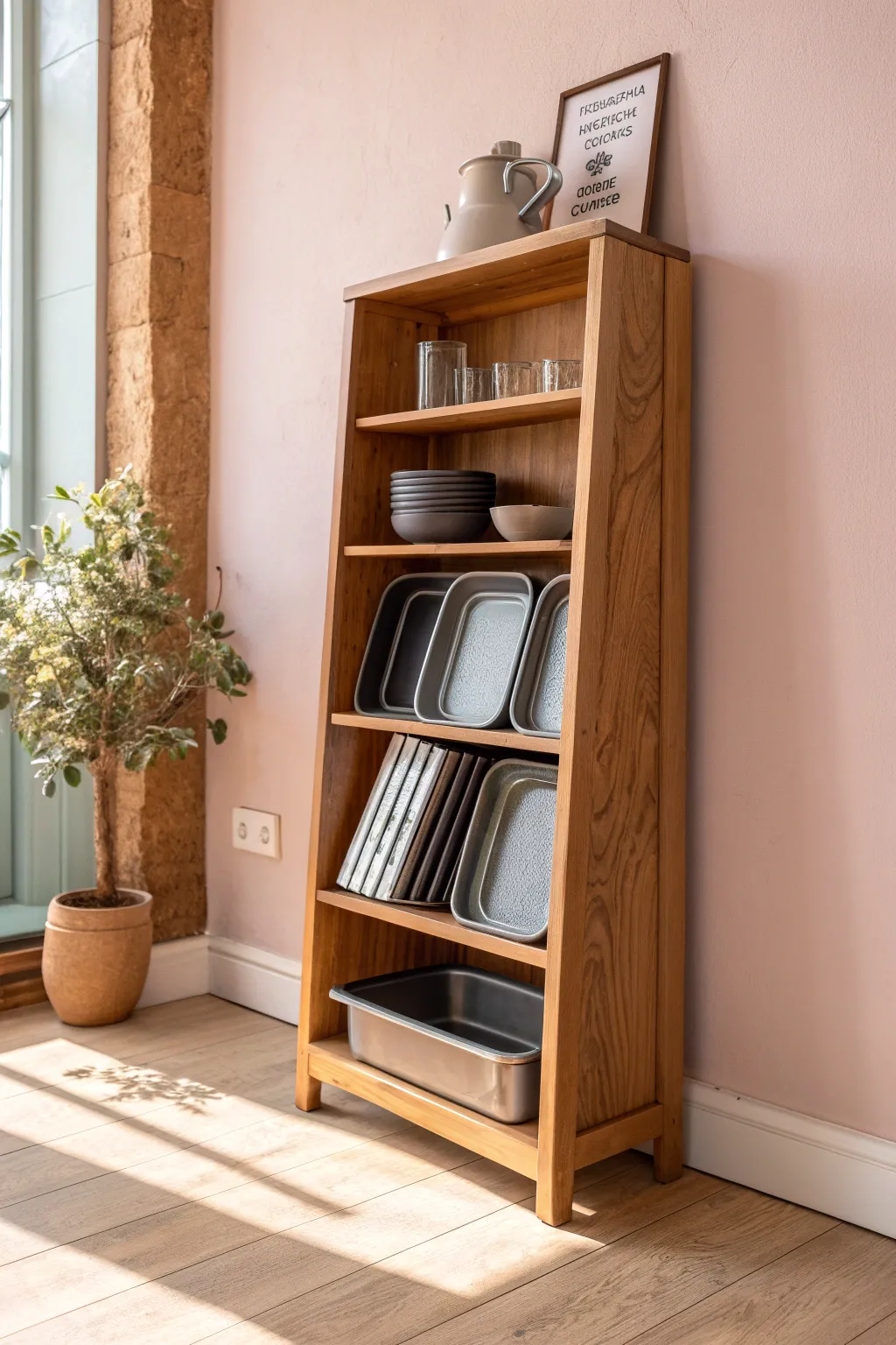 Maximize your kitchen space with a stylish twist: repurpose a bookshelf to elegantly store and display your baking sheets!