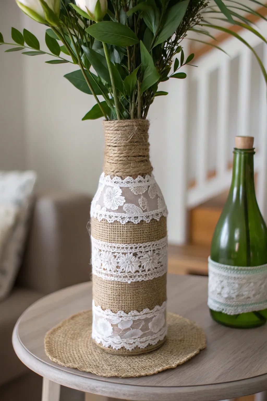 Elevate your vase game with layered textures of lace and burlap for an effortlessly chic look.