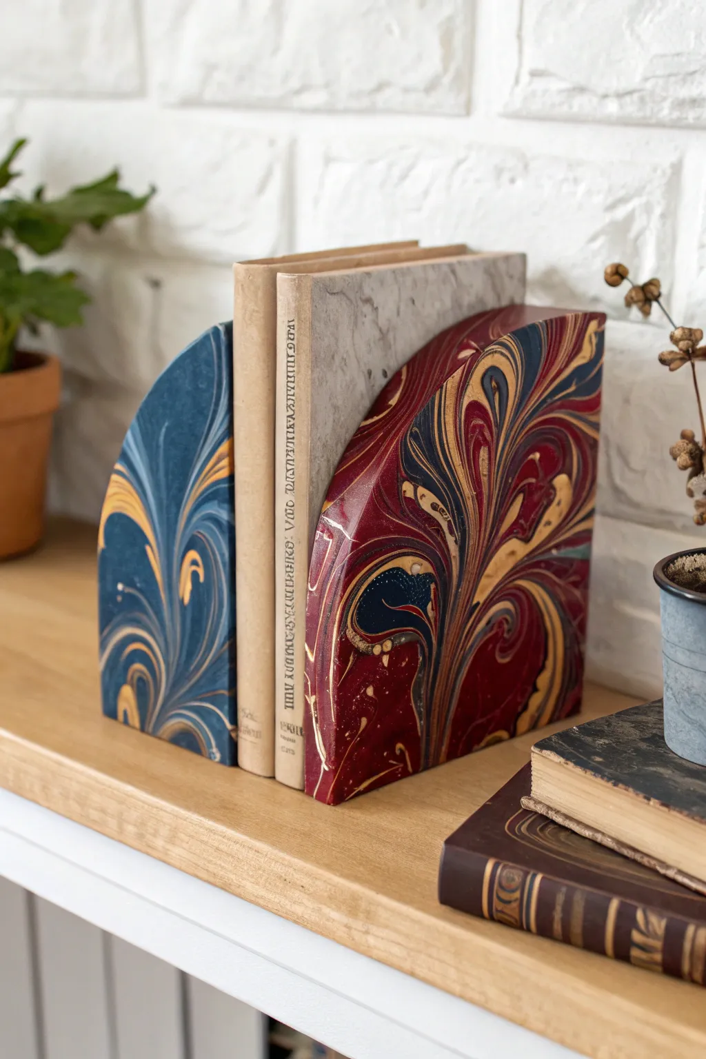 Elevate your bookshelf with these unique hydro dipped bookends—a perfect blend of artistry and minimalism.