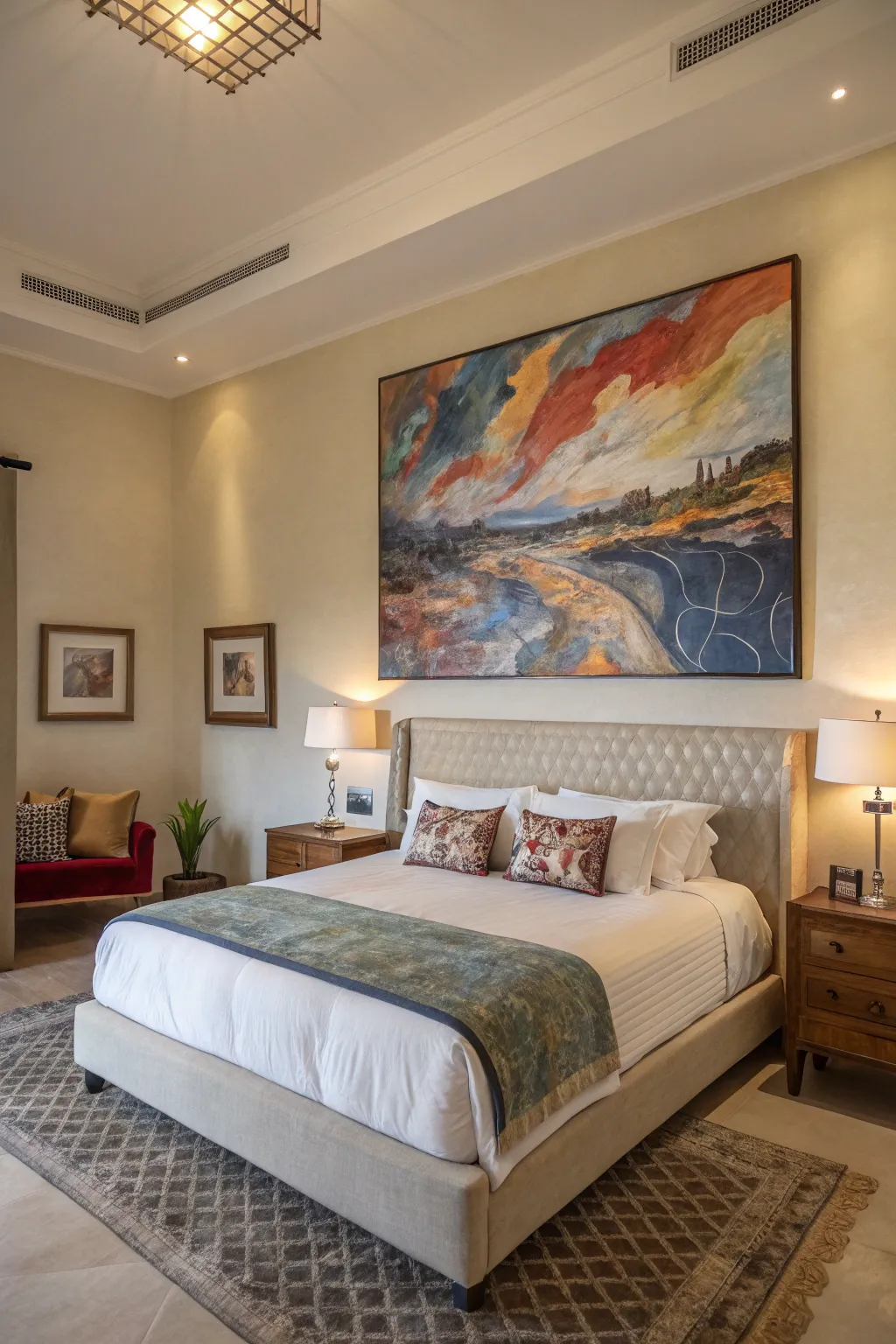 Wall art personalizes and adds character to spacious bedrooms.