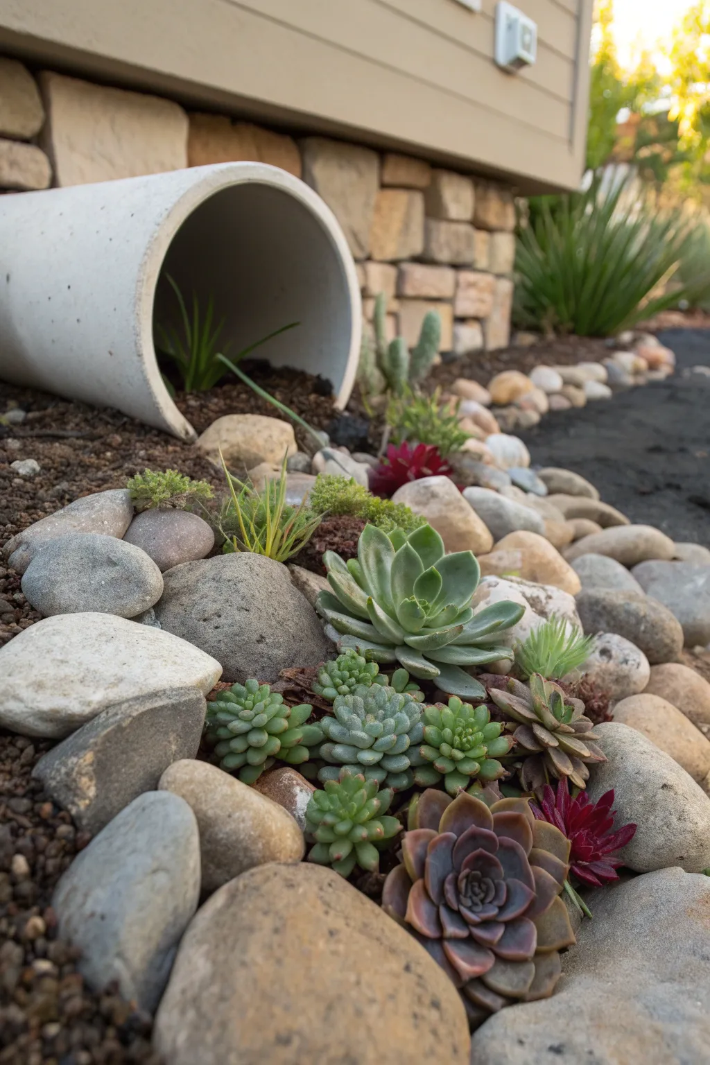 Turn utility into beauty: a stunning rockery that transforms a sewer pipe into a natural masterpiece.