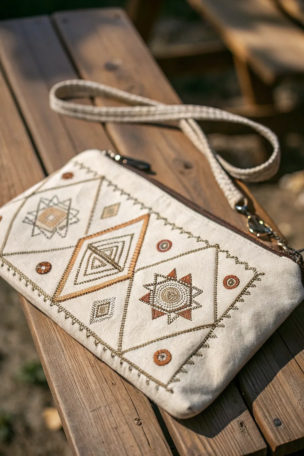 Discover the elegance of geometry in your accessories. Craft meets art in this stunning embroidered purse.