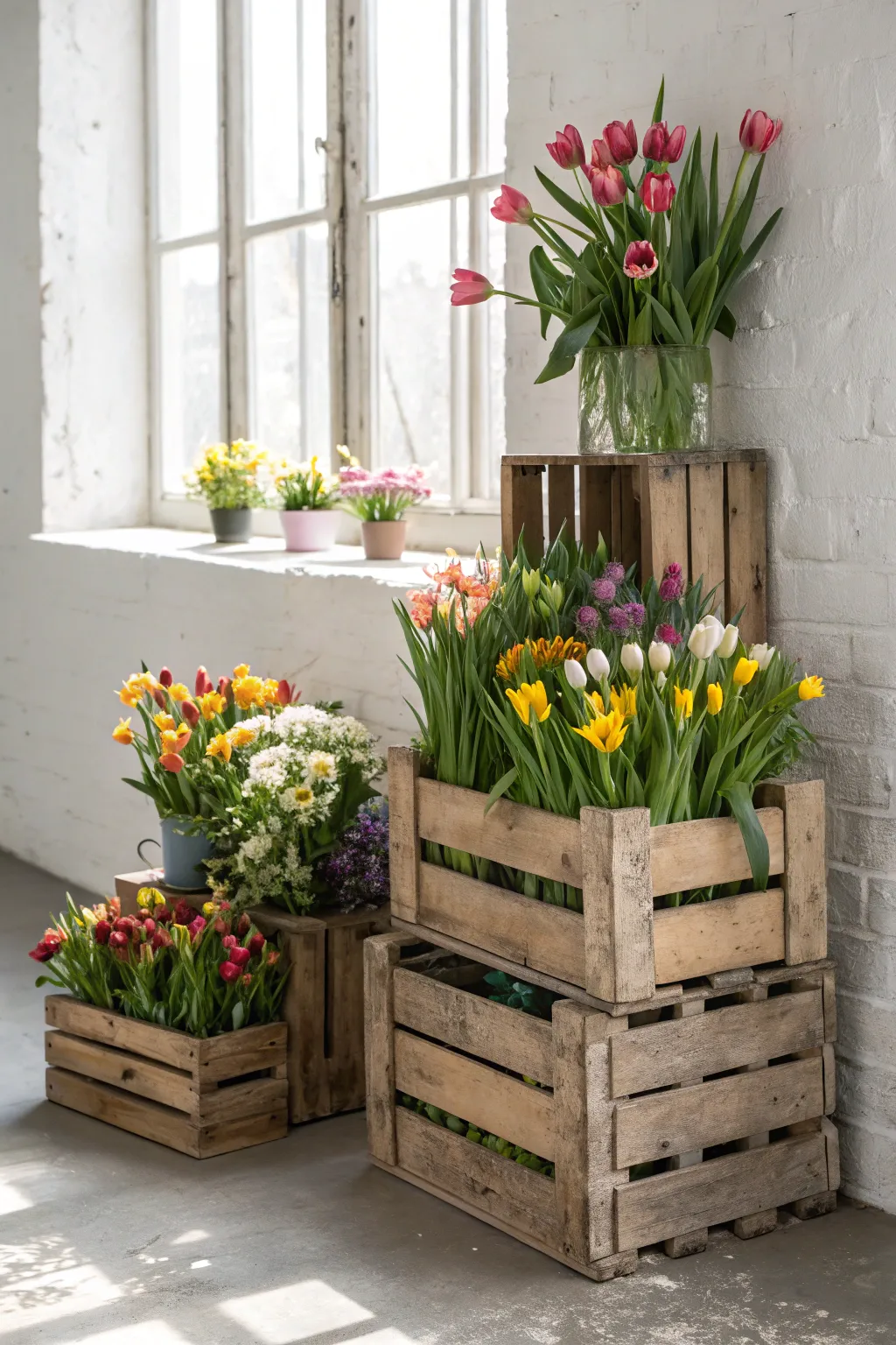 Embrace spring's charm with a rustic wooden crate display, where simplicity meets natural beauty.
