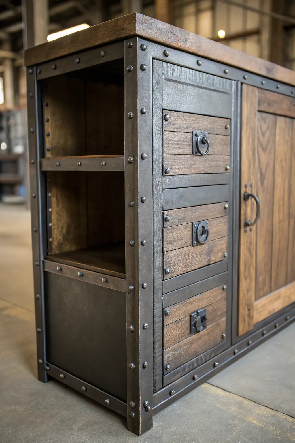Discover the allure of hidden storage with an industrial edge. Perfectly blending style and function.