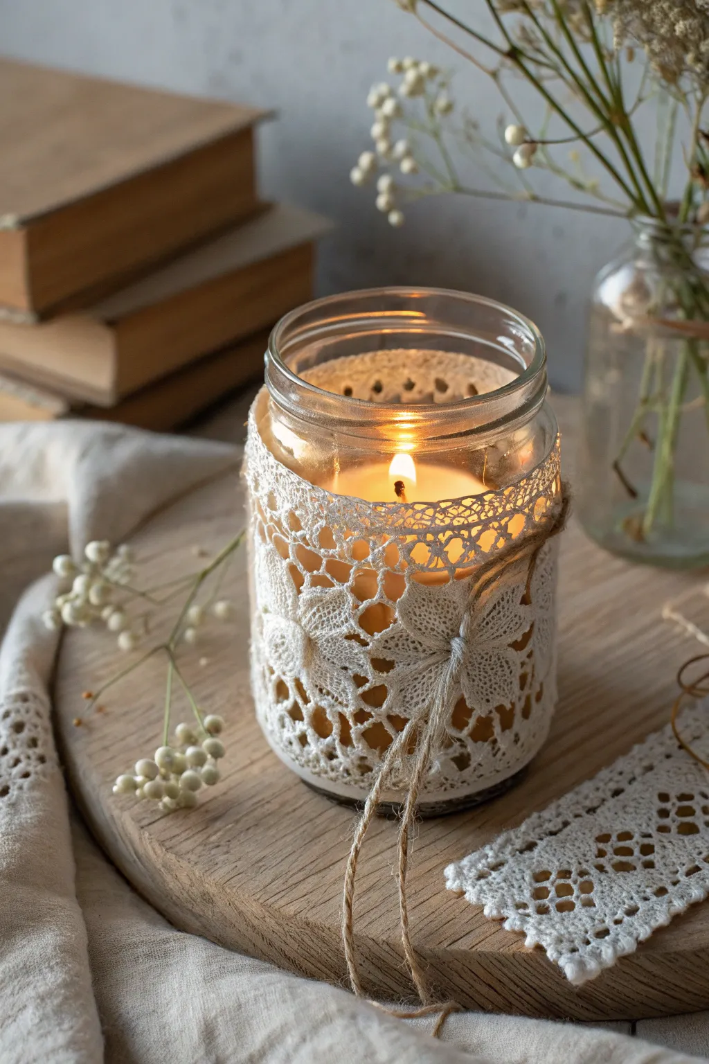 Embrace the enchanting glow of lace-covered candle holders, a perfect blend of minimalist beauty and romantic charm.
