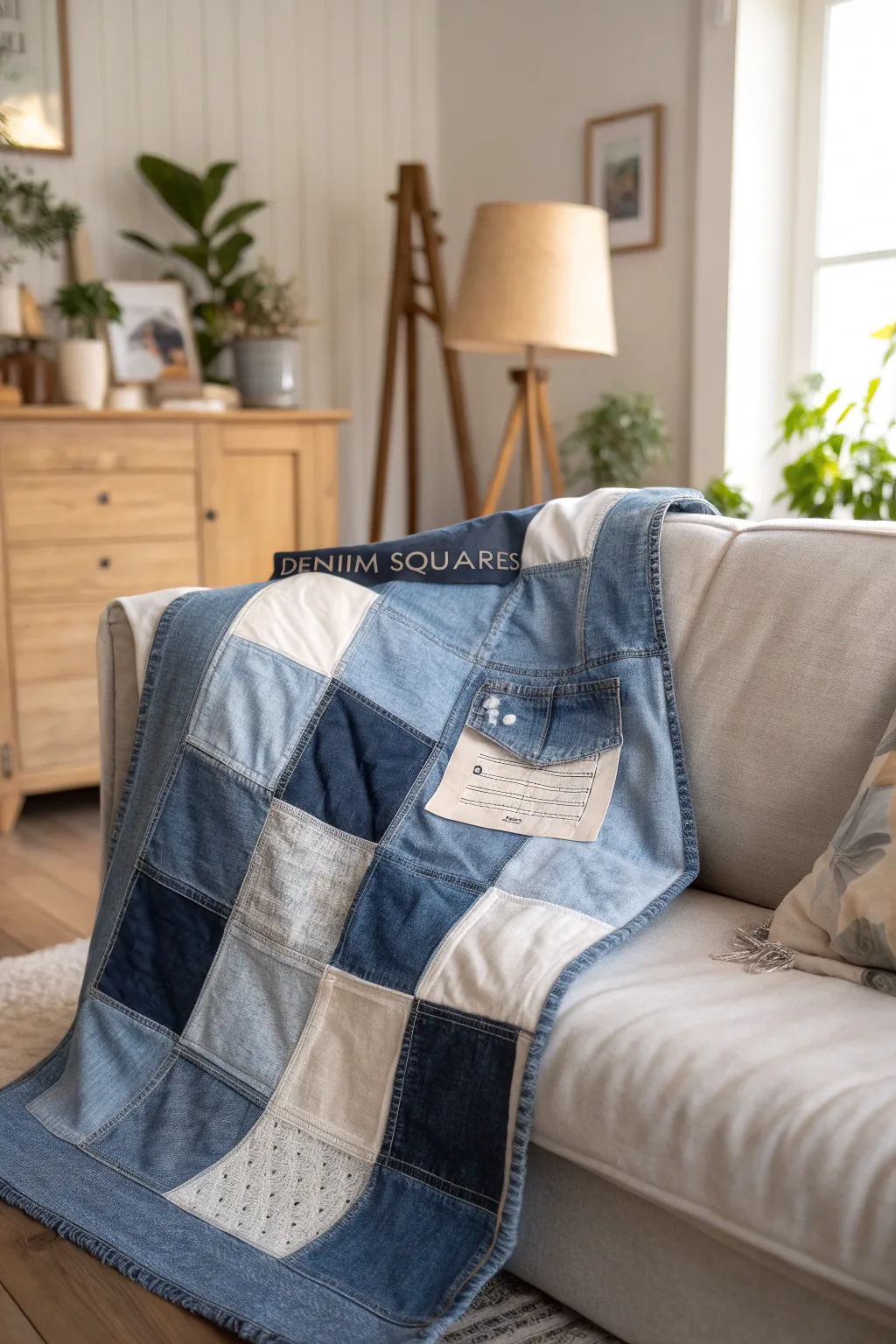 Discover hidden treasures in your quilt with our charming denim pocket design. #JeanQuilts #ScandiBohoCraft
