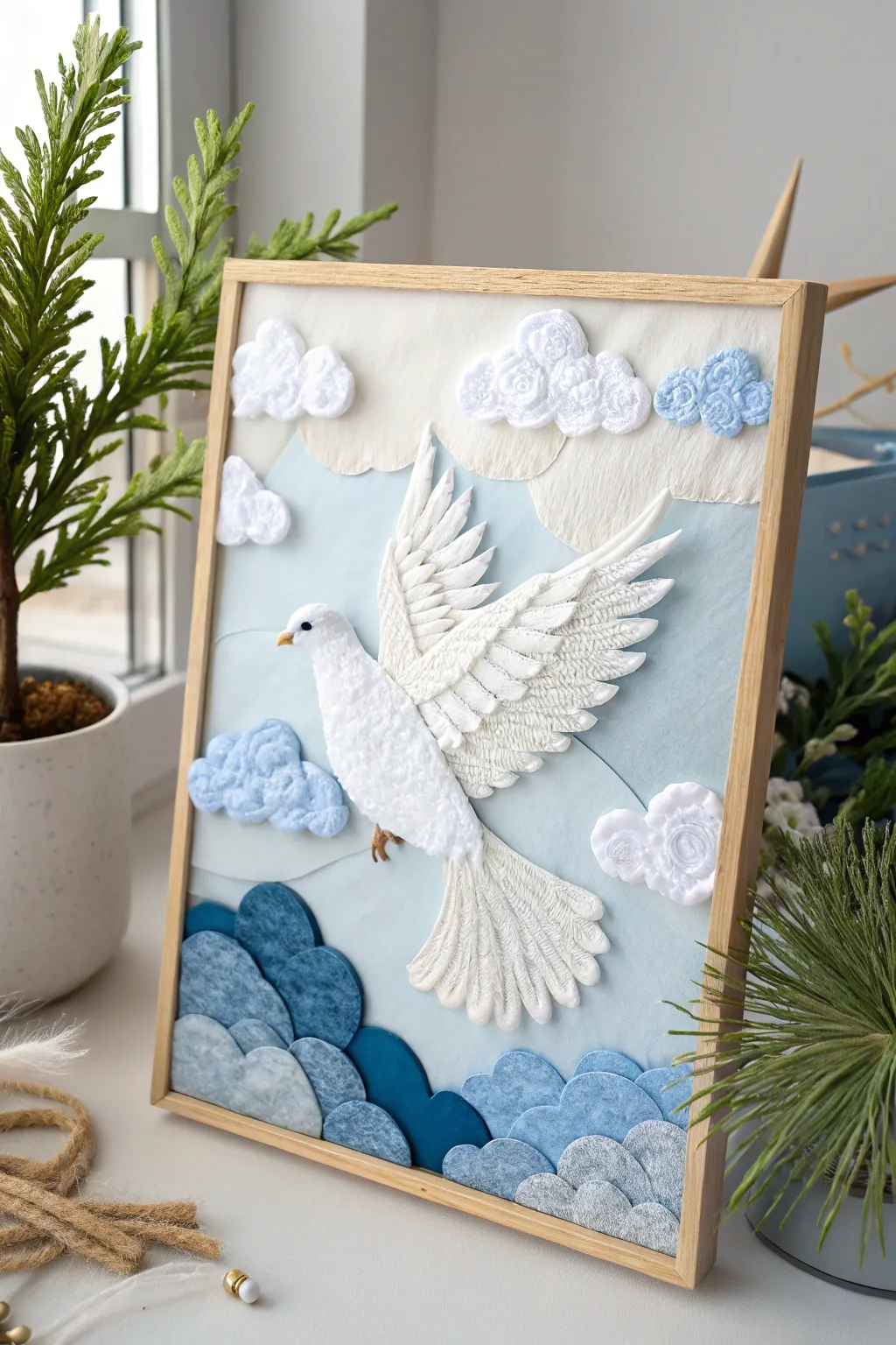 Embrace creativity with a serene dove and cloud collage, where simplicity meets bold beauty.