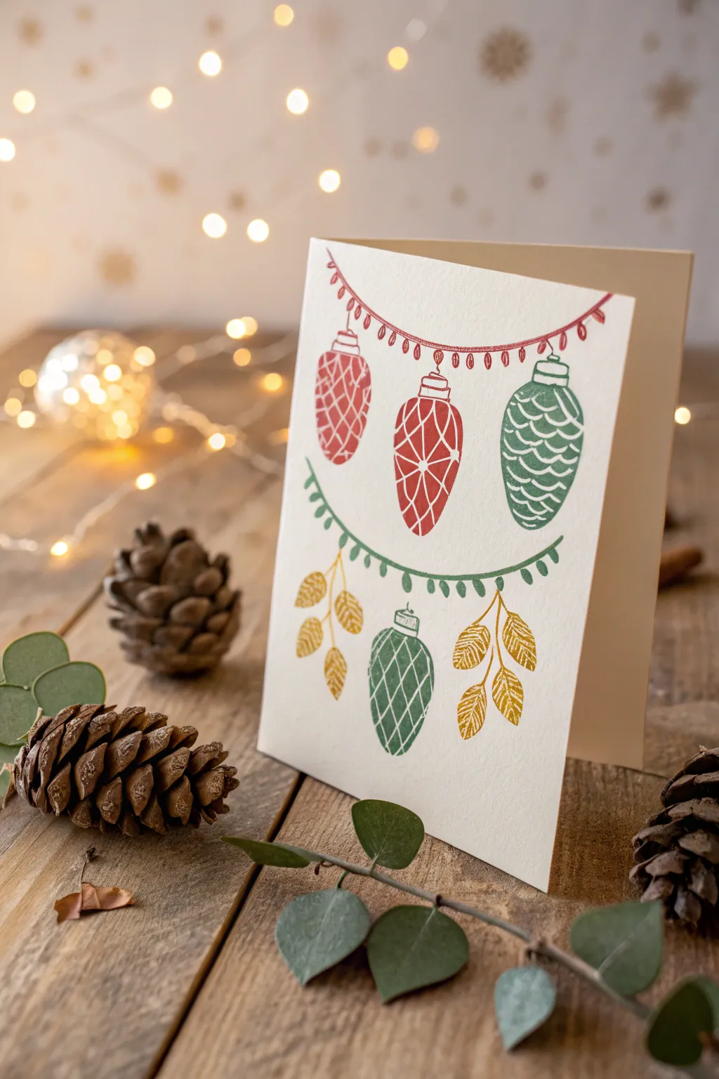 Craft festive magic with fingerprint holiday lights for a charming Scandinavian Christmas card.