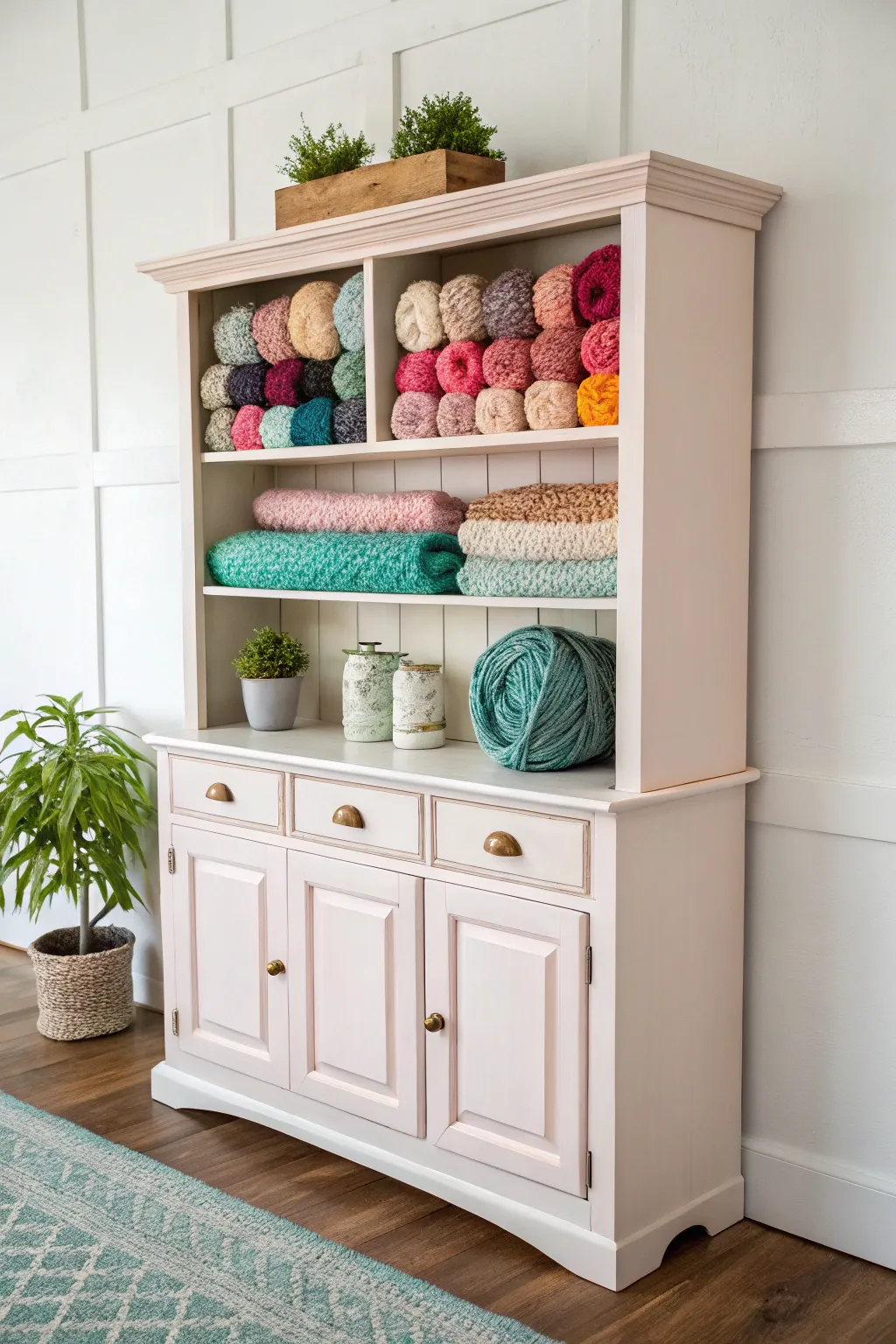 Transform your space with a touch of craft and color: Repurpose a vintage hutch into the perfect yarn storage solution!
