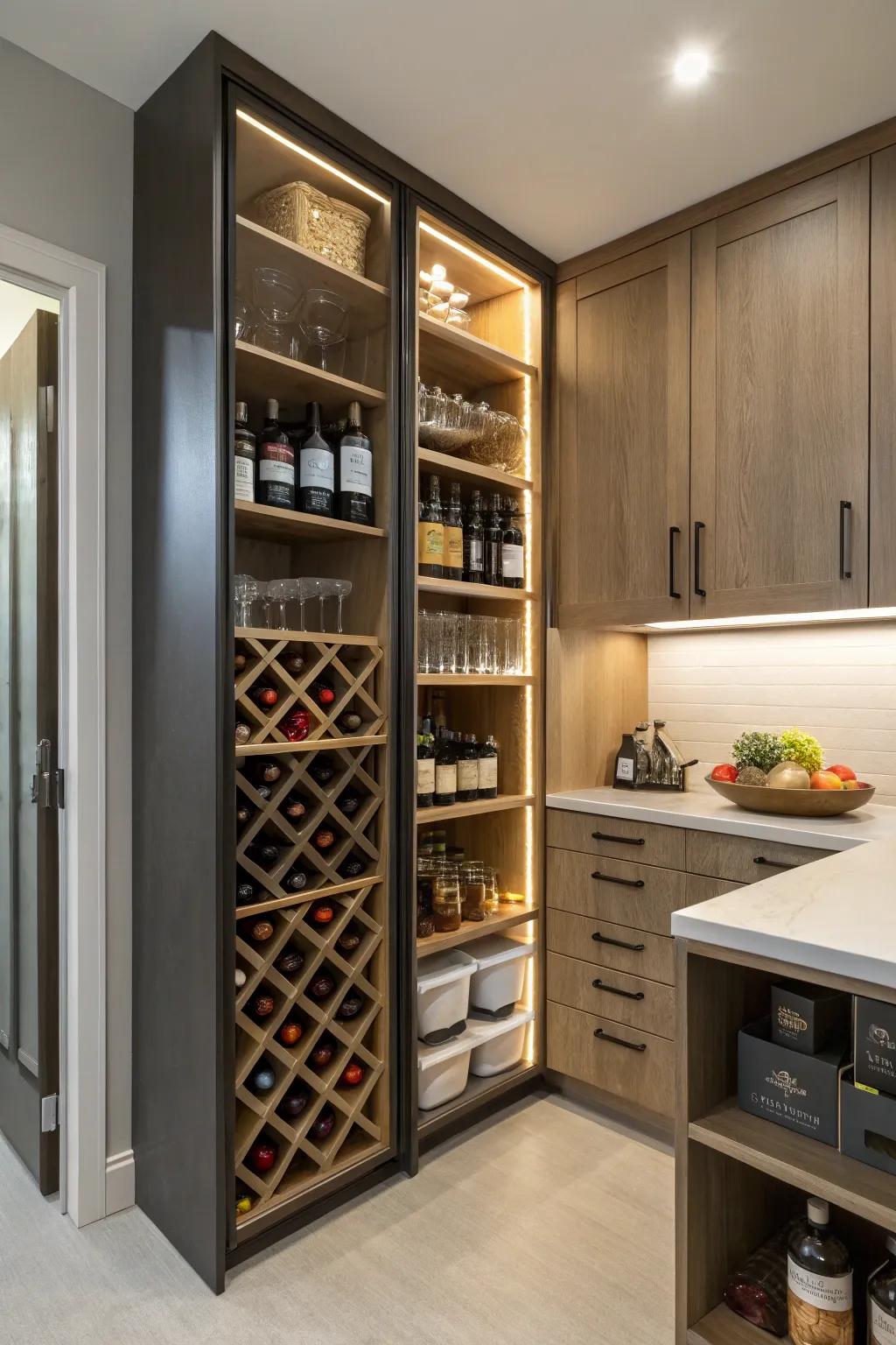 A stylish wine rack incorporated into an L-shaped pantry for easy access and display.