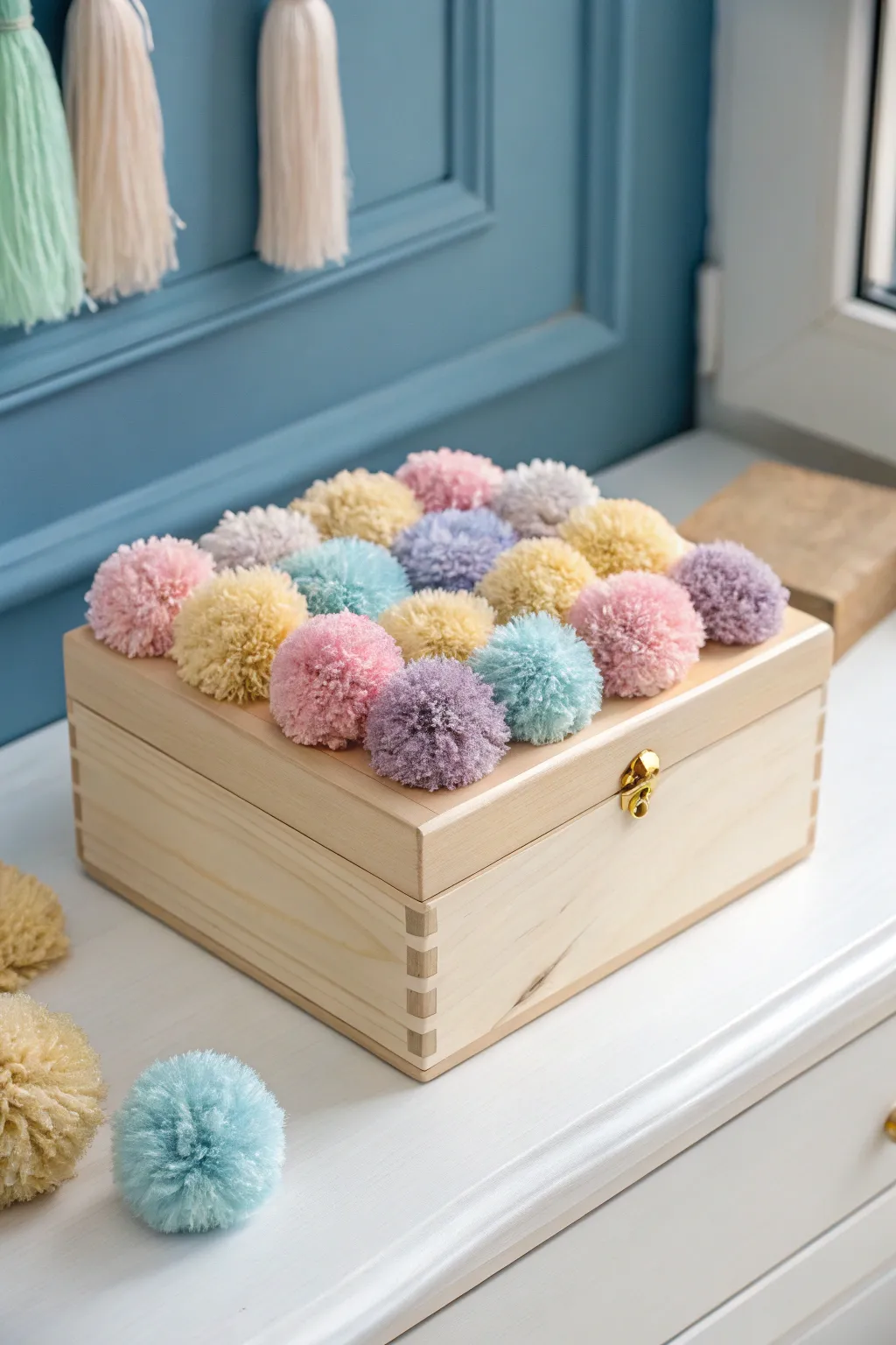 Add a playful touch to your Valentine's gift with a pom-pom adorned box that exudes minimalist charm and boho flair.