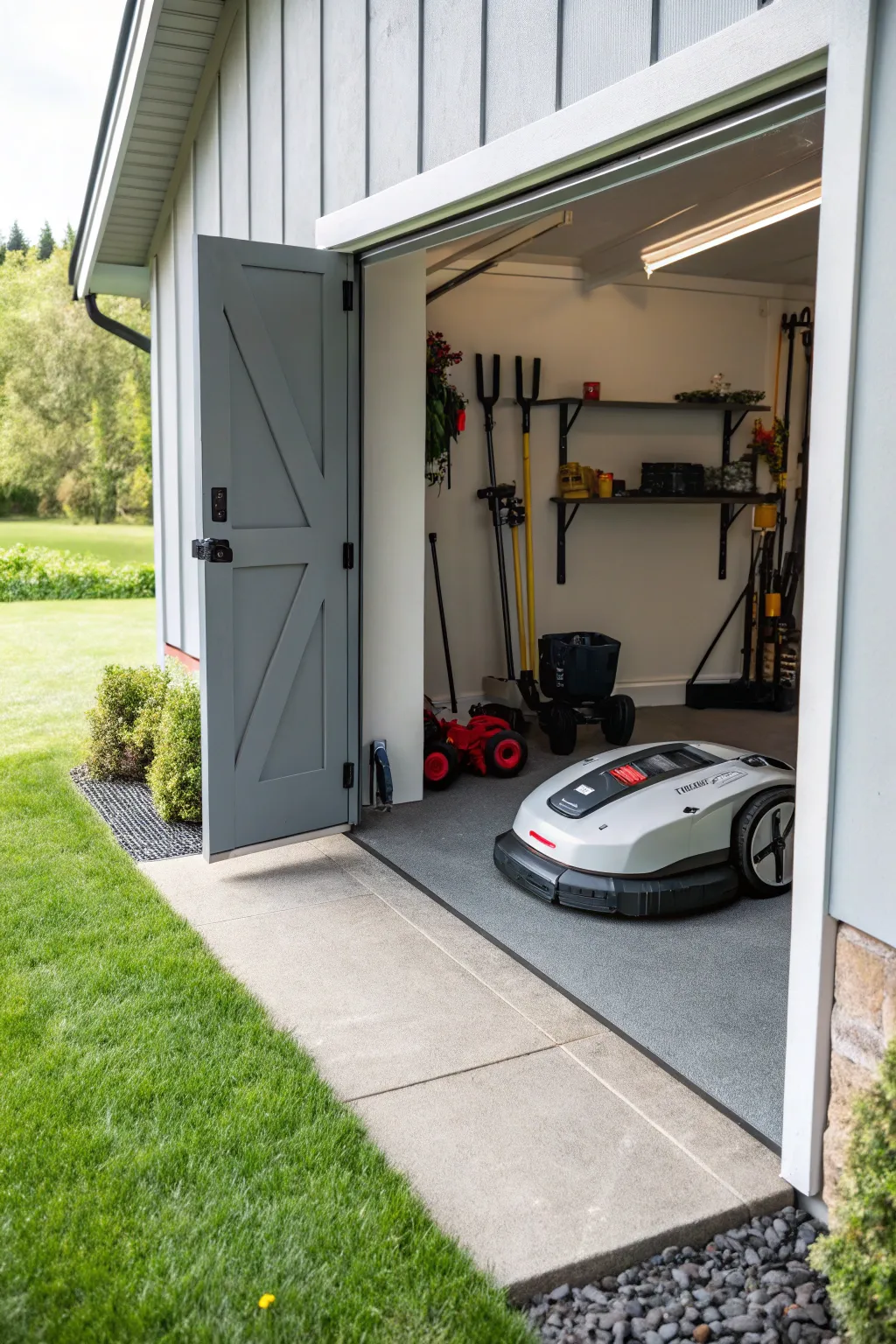 A sleek mini garage for robotic lawn mowers.