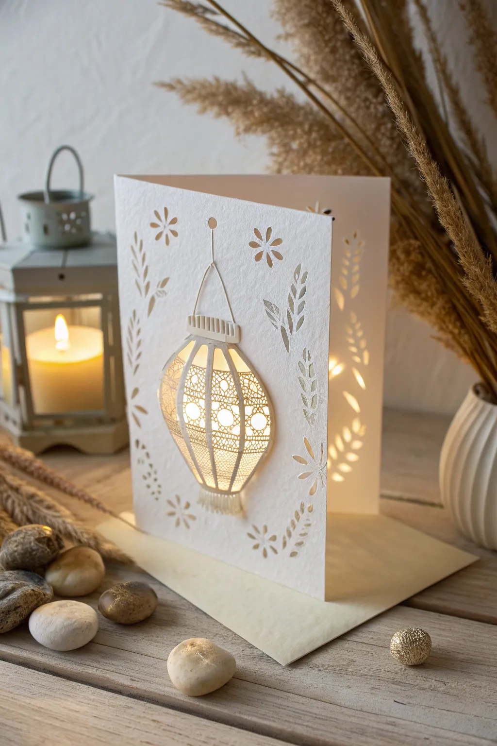 Illuminate your wishes with the serene glow of a handcrafted Lantern Festival card, where art meets light.