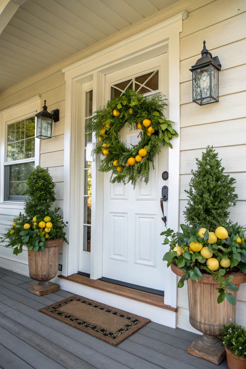 A lemon wreath is a cheerful way to greet guests.
