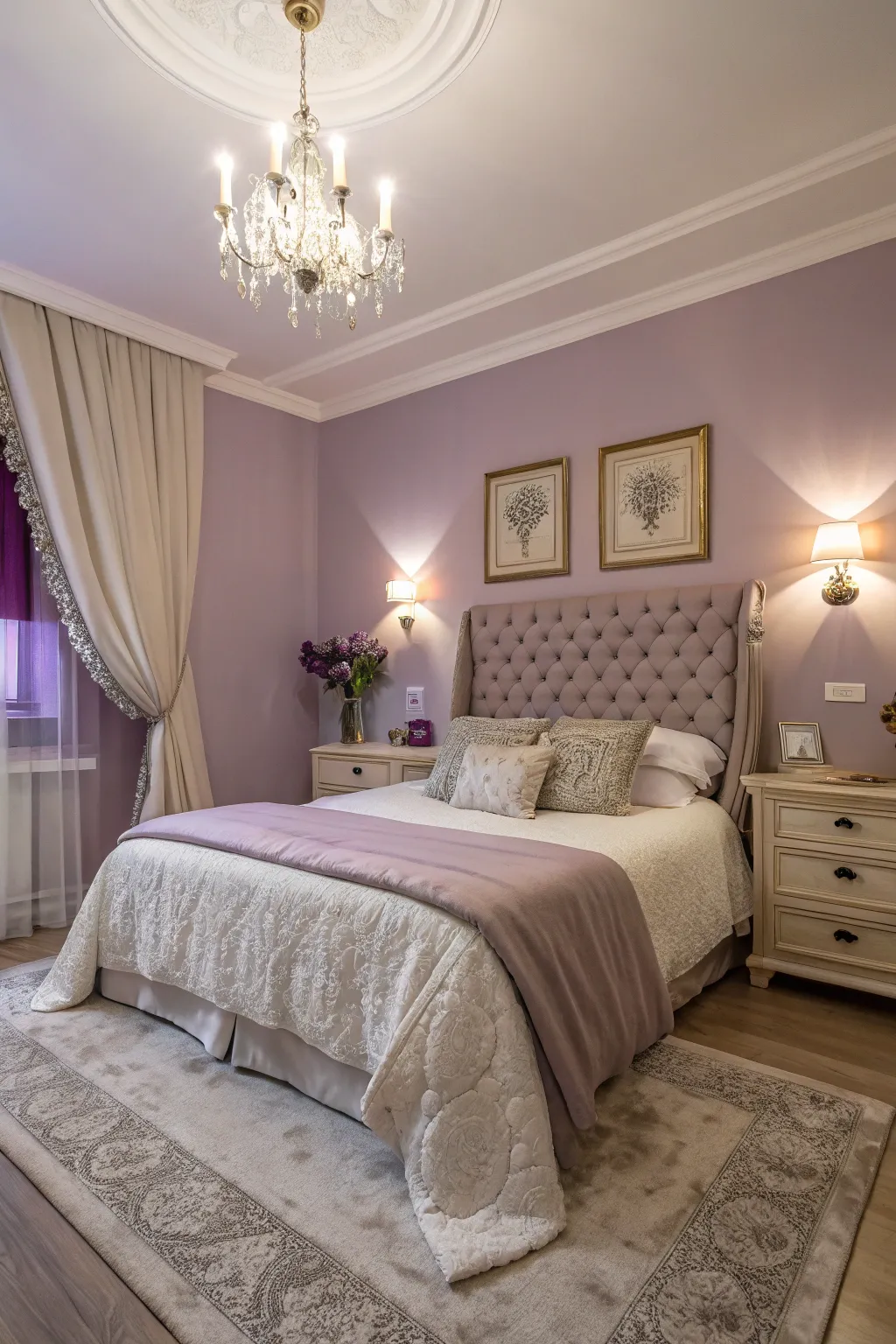 A soothing haven with soft lavender walls and elegant furnishings.