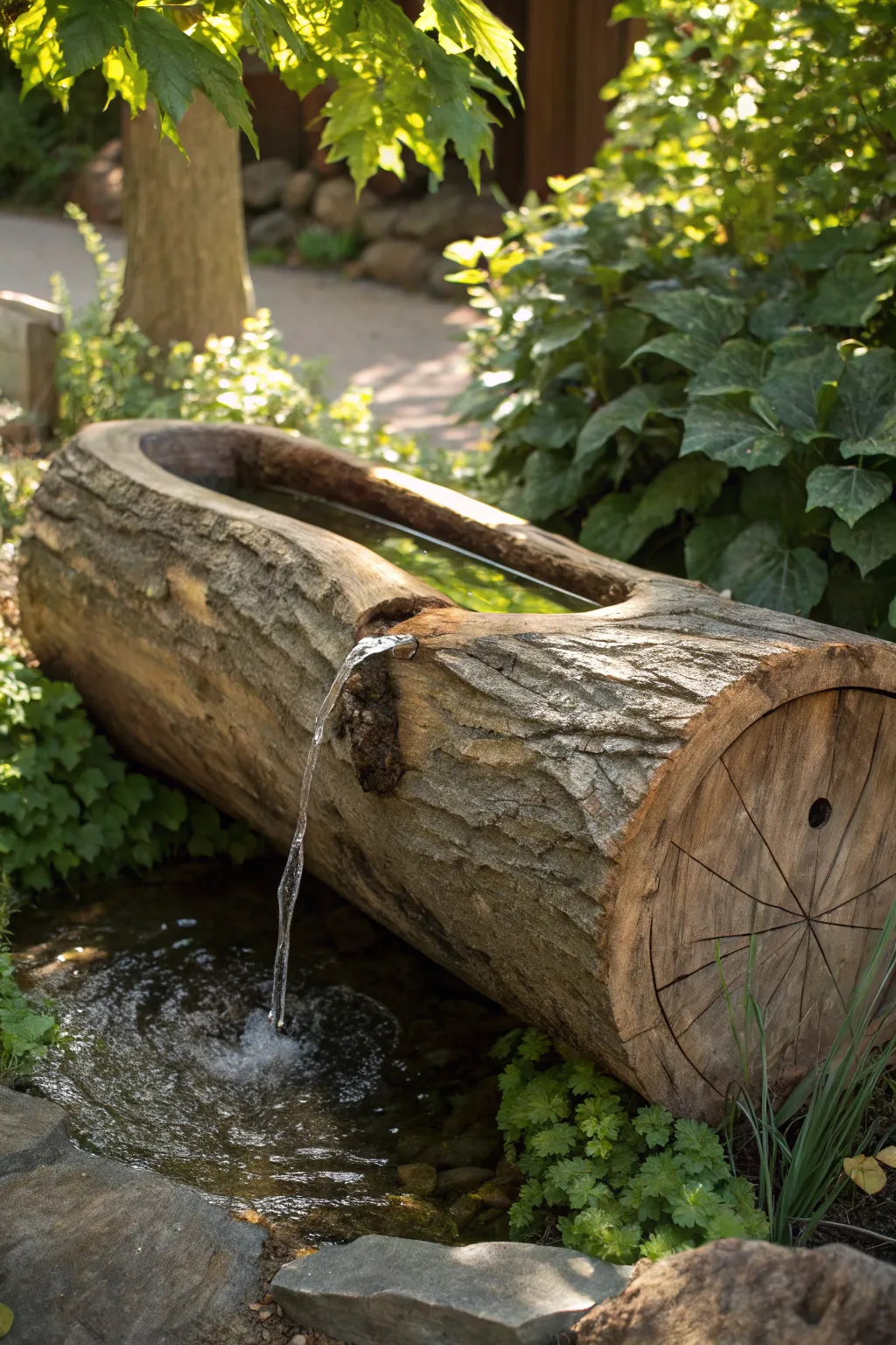 Transform your garden with the soothing elegance of a handcrafted log water fountain.
