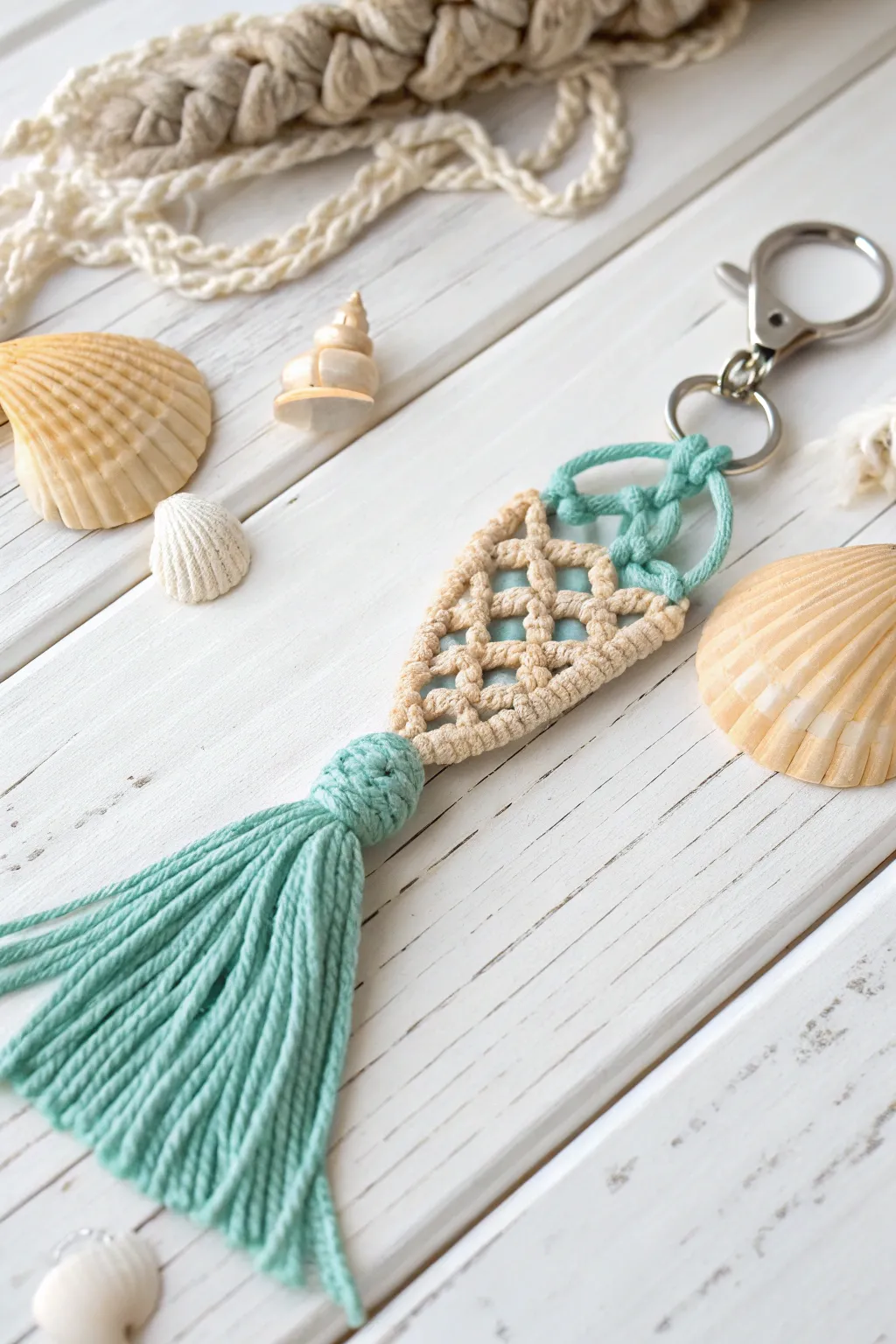 Dive into elegance with this enchanting mermaid tail macrame keychain, a perfect blend of simplicity and boho charm.