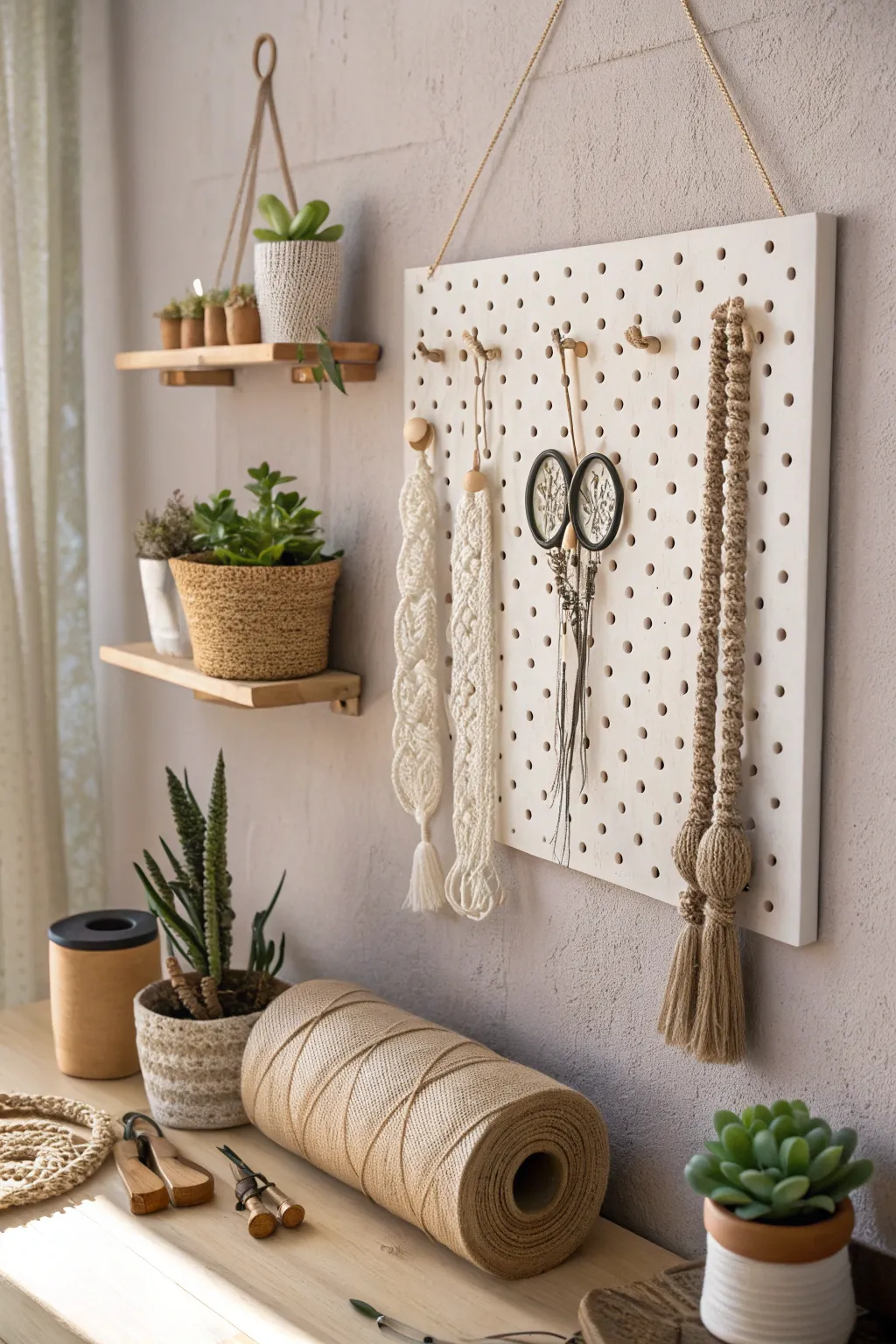 Transform your creative space with a chic macrame pegboard setup that inspires and organizes.