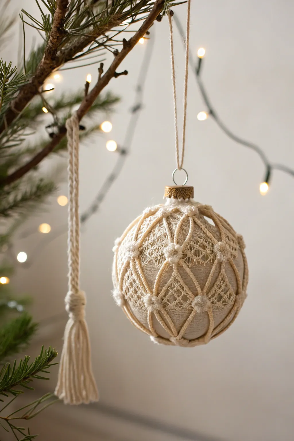 Elevate your holiday decor with this boho-chic macramé bauble, where craftsmanship meets minimalist elegance.