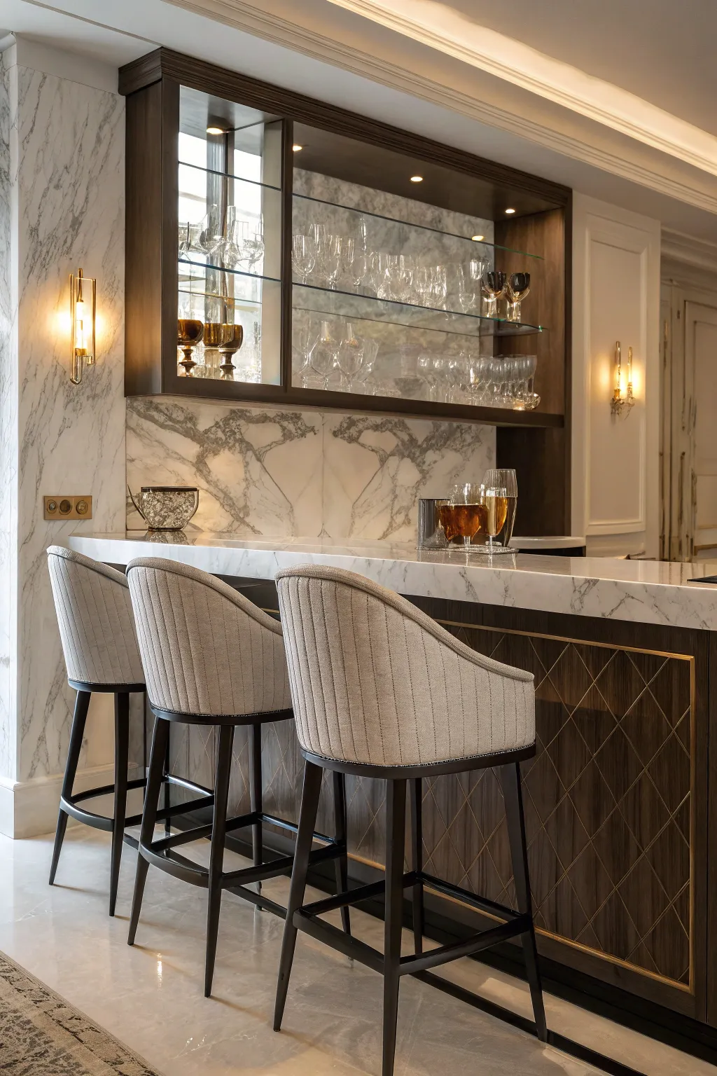 A chic home bar with a sophisticated marble backdrop.