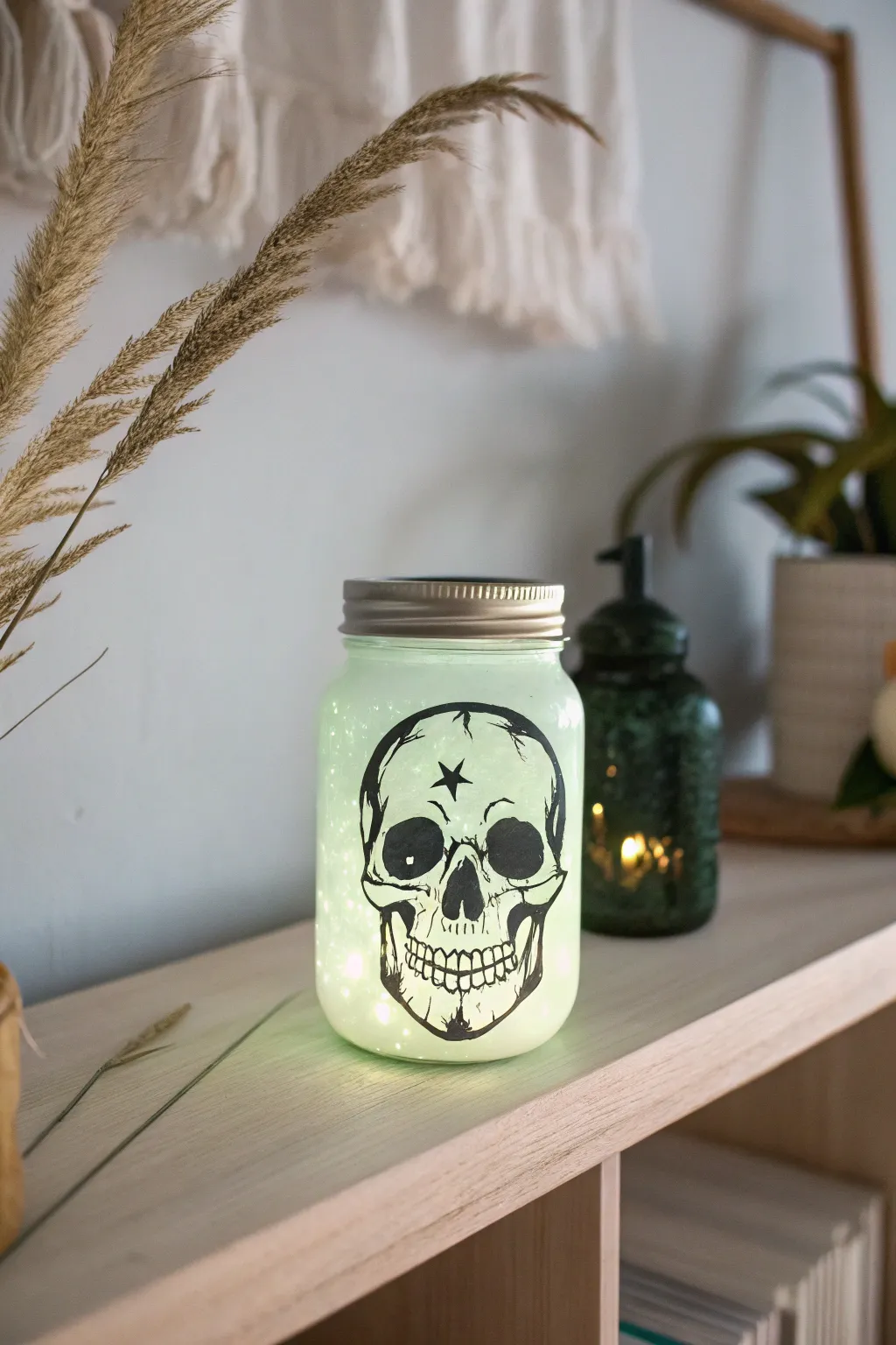Illuminate your Halloween night with a touch of minimalist elegance — glowing skull jars for a hauntingly beautiful ambiance.