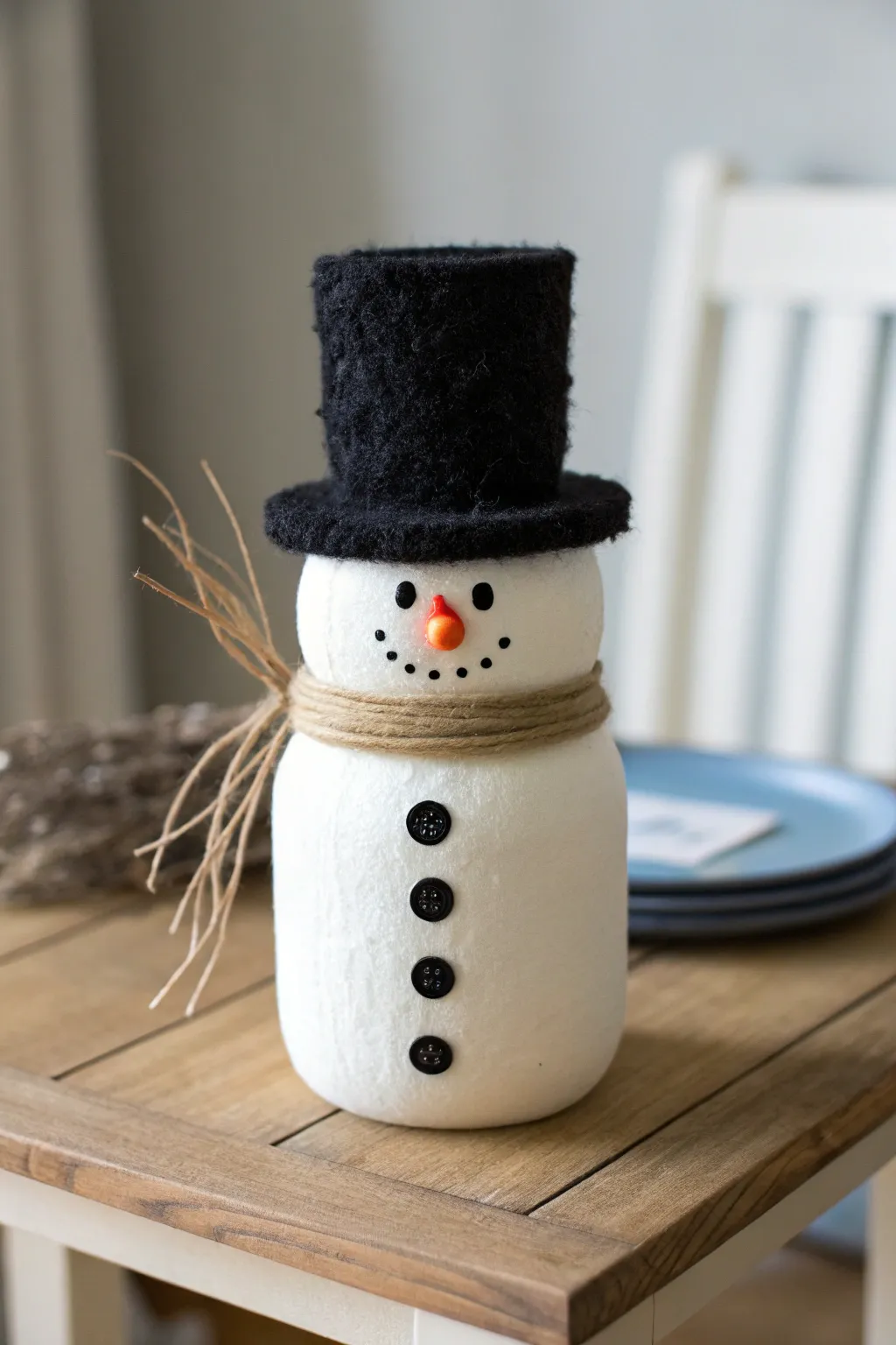 Embrace the whimsical charm of minimalist design with this handcrafted mini top hat snowman.