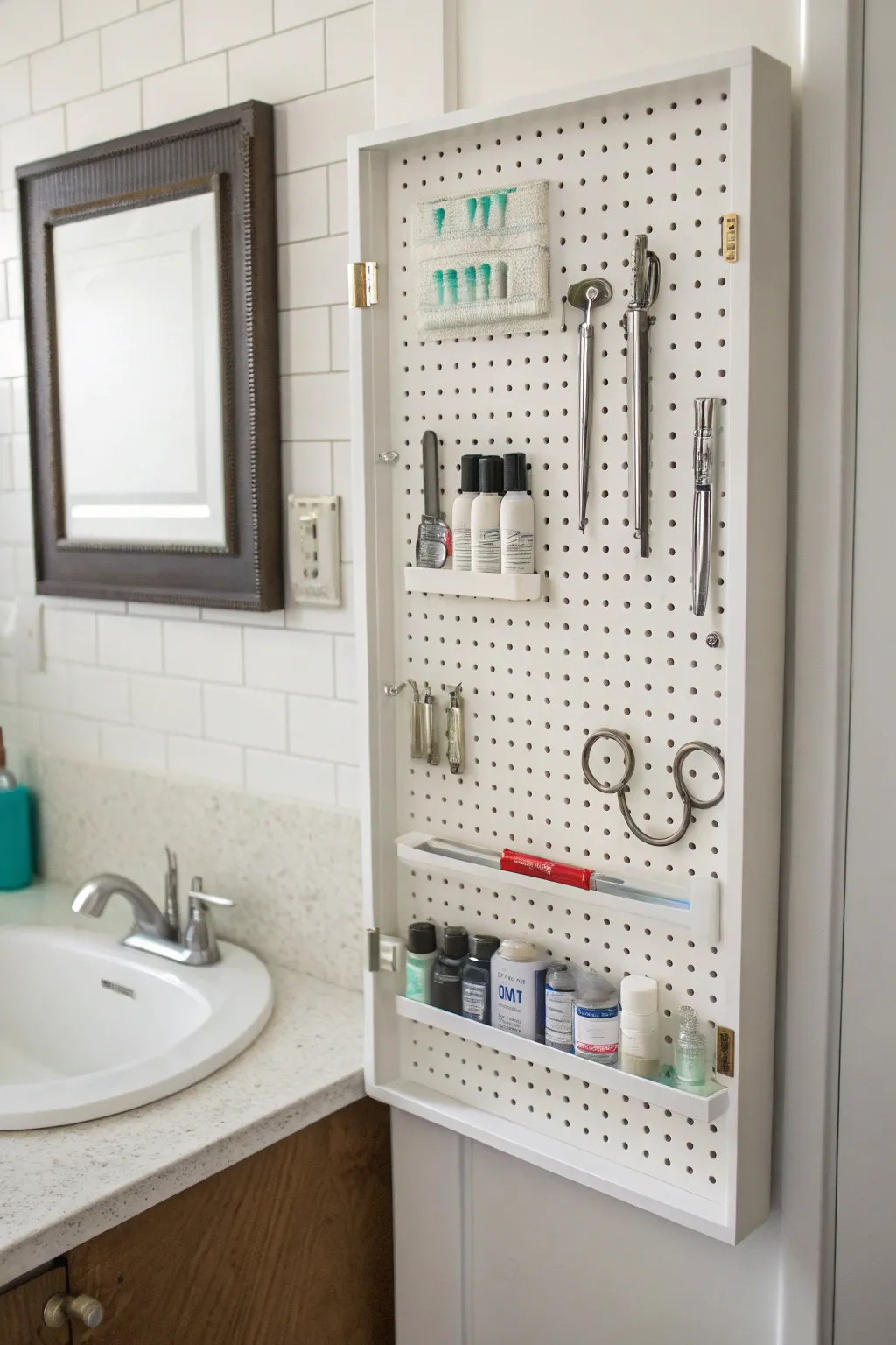 Pegboards provide additional storage options for small tools and accessories.