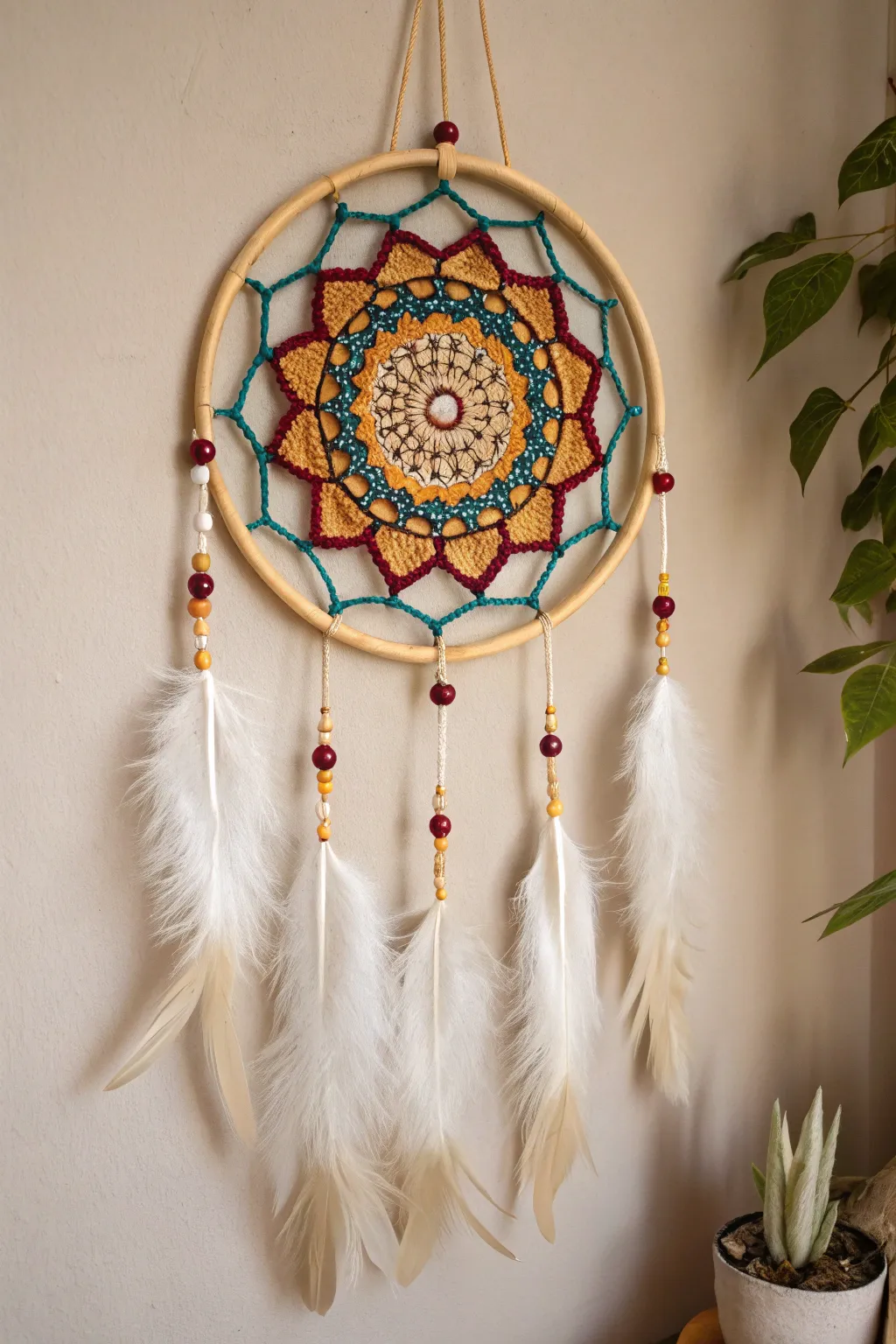 Capture the essence of bohemian elegance with a DIY dreamcatcher that blends bold colors and natural beauty.