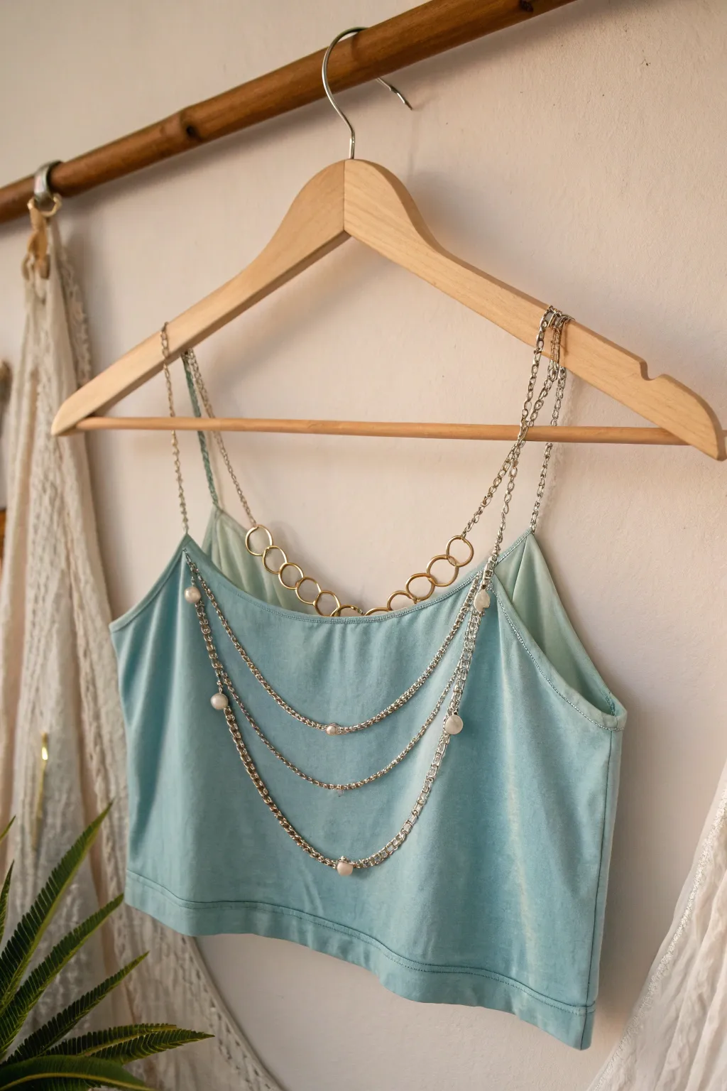 Discover the allure of the ocean with this elegantly crafted mermaid top, where delicate chains meet minimalist design for a touch of sunken treasure magic.