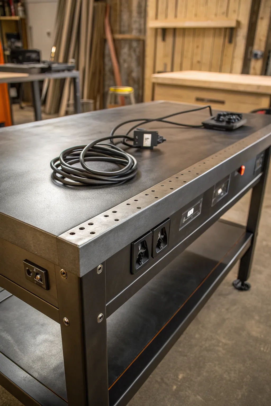 Elevate your workspace with a metal table that combines style and utility, complete with built-in outlets for a clutter-free environment.