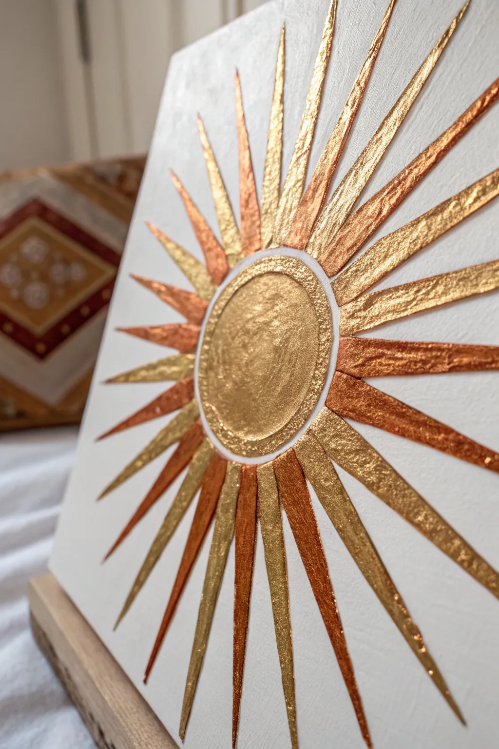 Radiate warmth and elegance with a metallic sunburst painting that captures the beauty of sunlight in every stroke.
