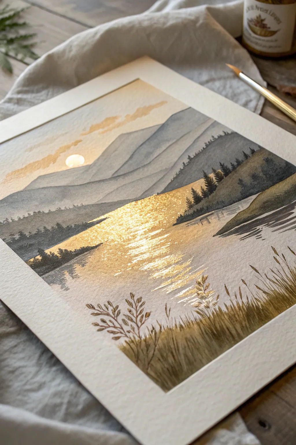 Discover the enchanting allure of metallic textures in watercolor landscapes, where simplicity meets elegance.