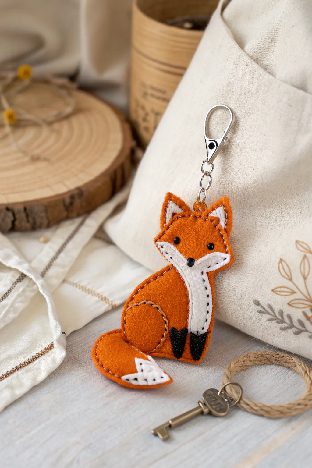 Charming Companions: Carry a touch of whimsy with this handcrafted felt fox, perfect for adding a playful yet sophisticated touch to your everyday essentials.