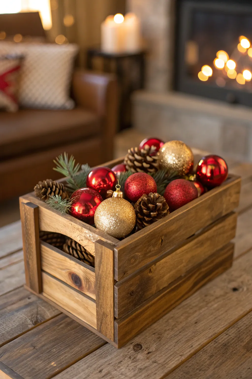Elevate your holiday decor with handcrafted elegance: a mini wooden crate filled with festive treasures.