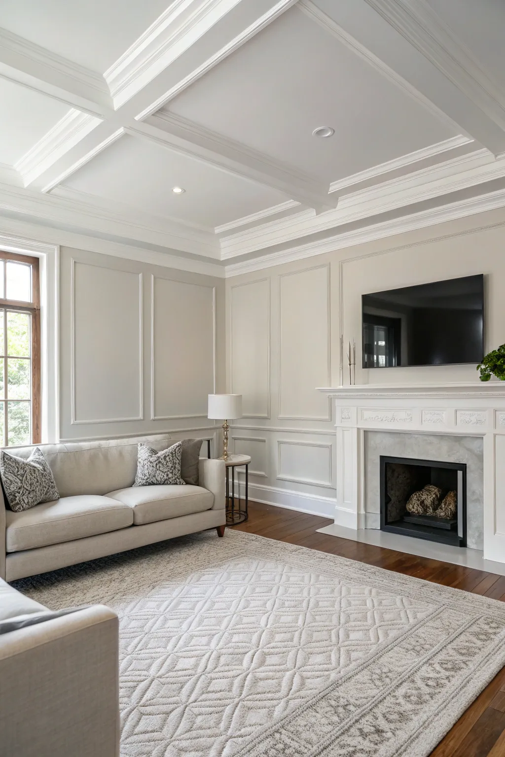 Monochromatic crown molding blending with a minimalist interior.