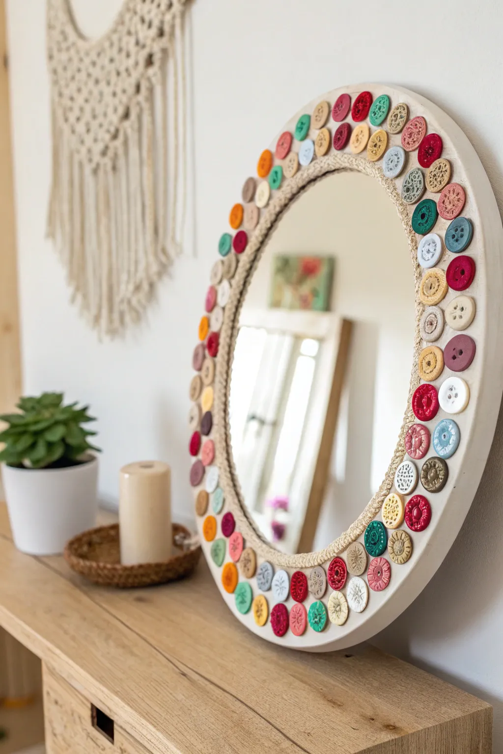 Brighten up your space with a playful, button-adorned mirror frame and embrace the charm of handcrafted elegance.