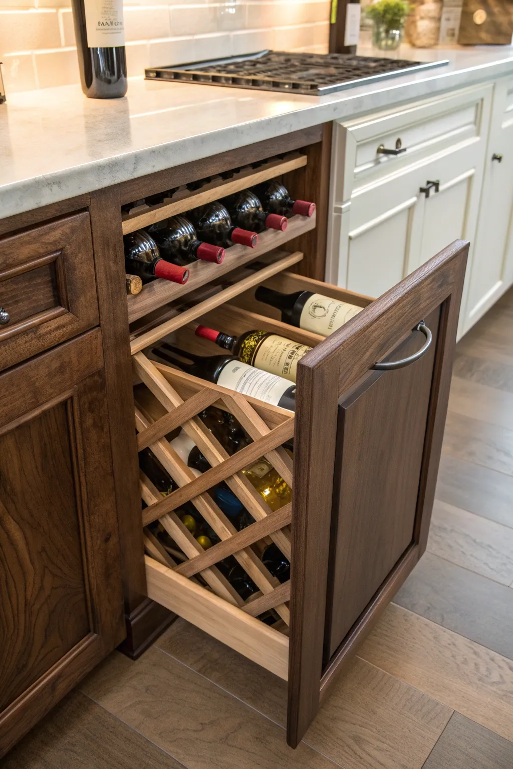 Transform missing drawer space into a stylish wine showcase with artisanal flair.