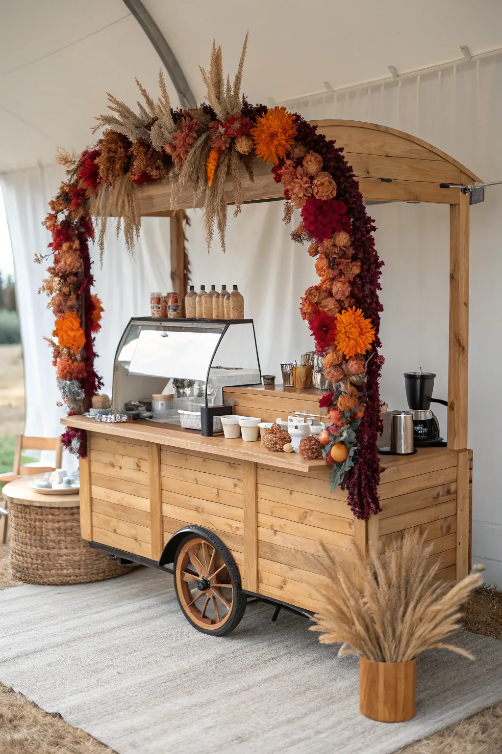 Elevate your mobile coffee cart with stunning seasonal decor that captures the essence of autumn's natural beauty.