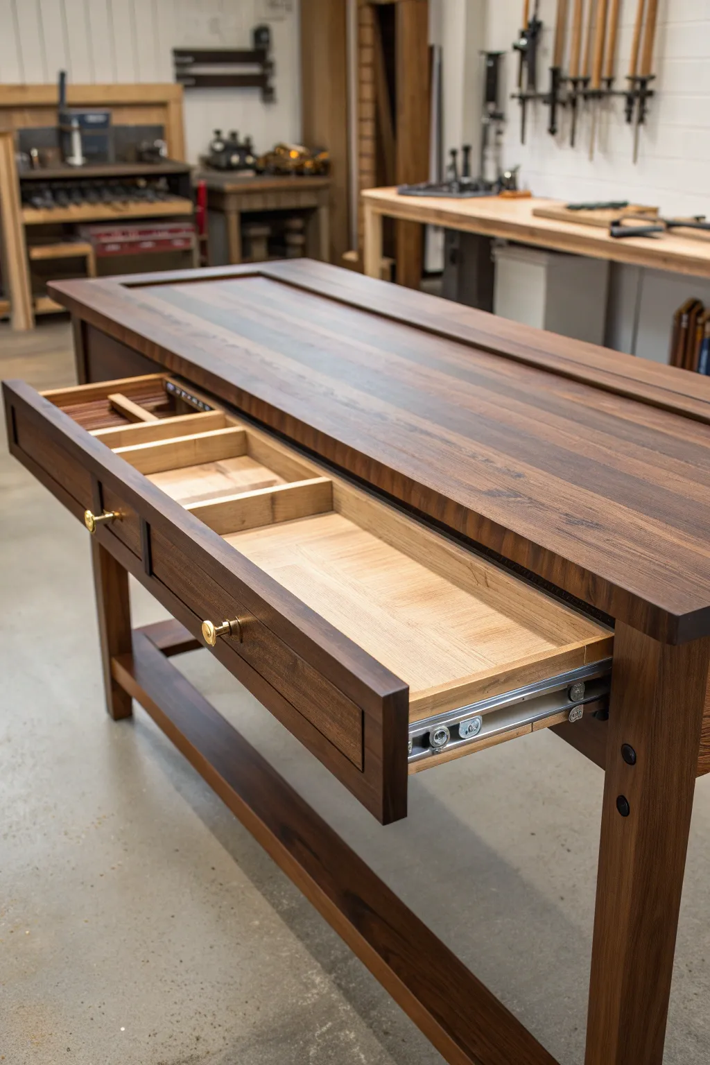 Transform your workspace with this elegant extendable workbench, perfect for both crafting and office needs.