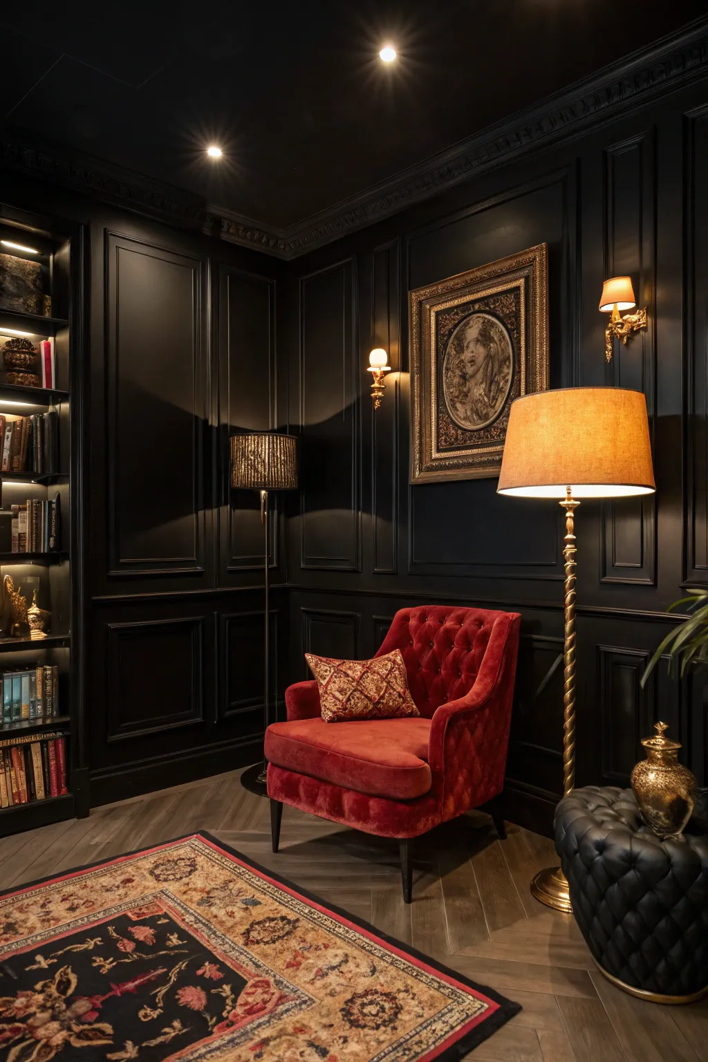 Moody black magic that enhances the room's elegance and allure.